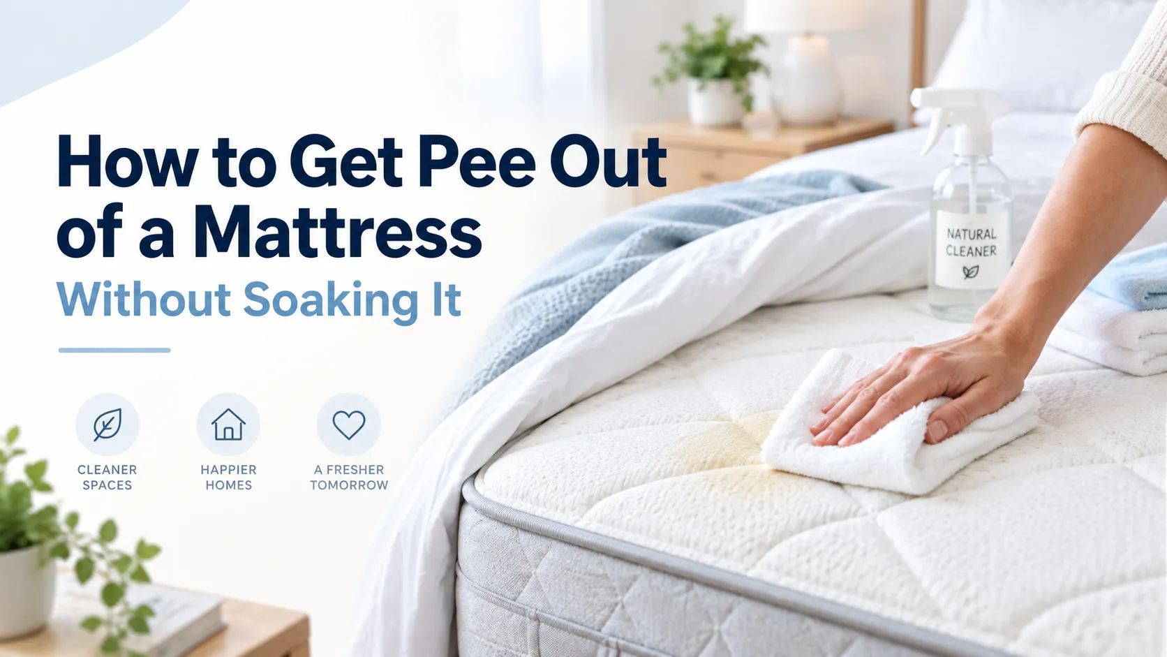 A hand blotting a mattress stain with a towel and spray cleaner, with the article title How to Get Pee Out of a Mattress Without Soaking It
