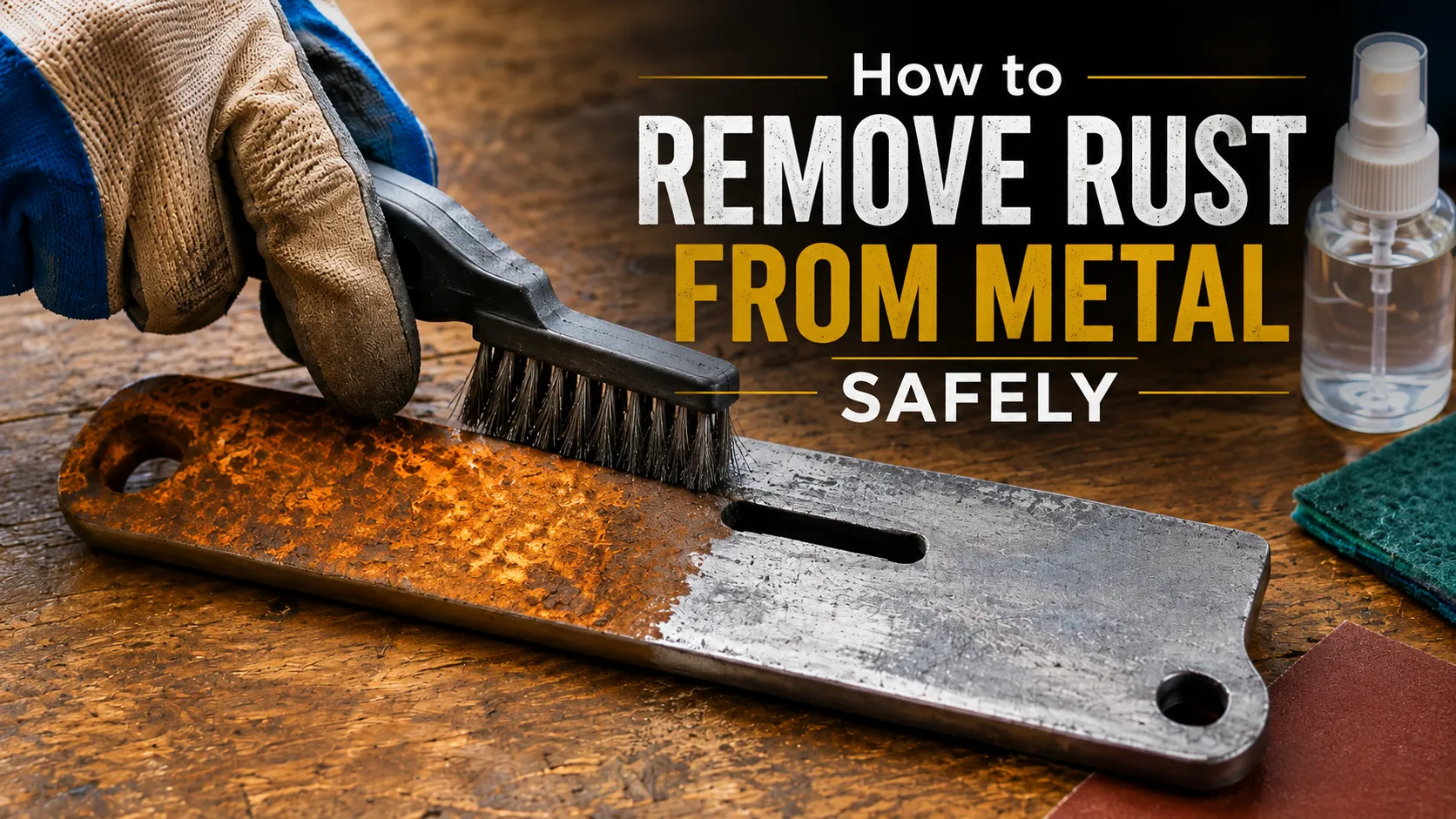 A gloved hand brushing rust from a metal tool with the article title How to Remove Rust From Metal Safely